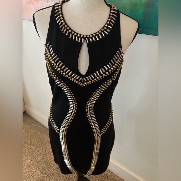Bebe Bodycon Stretch Ponte Beaded High Neck Scoop Back Cocktail Mini Dress M - Picture 8 of 14